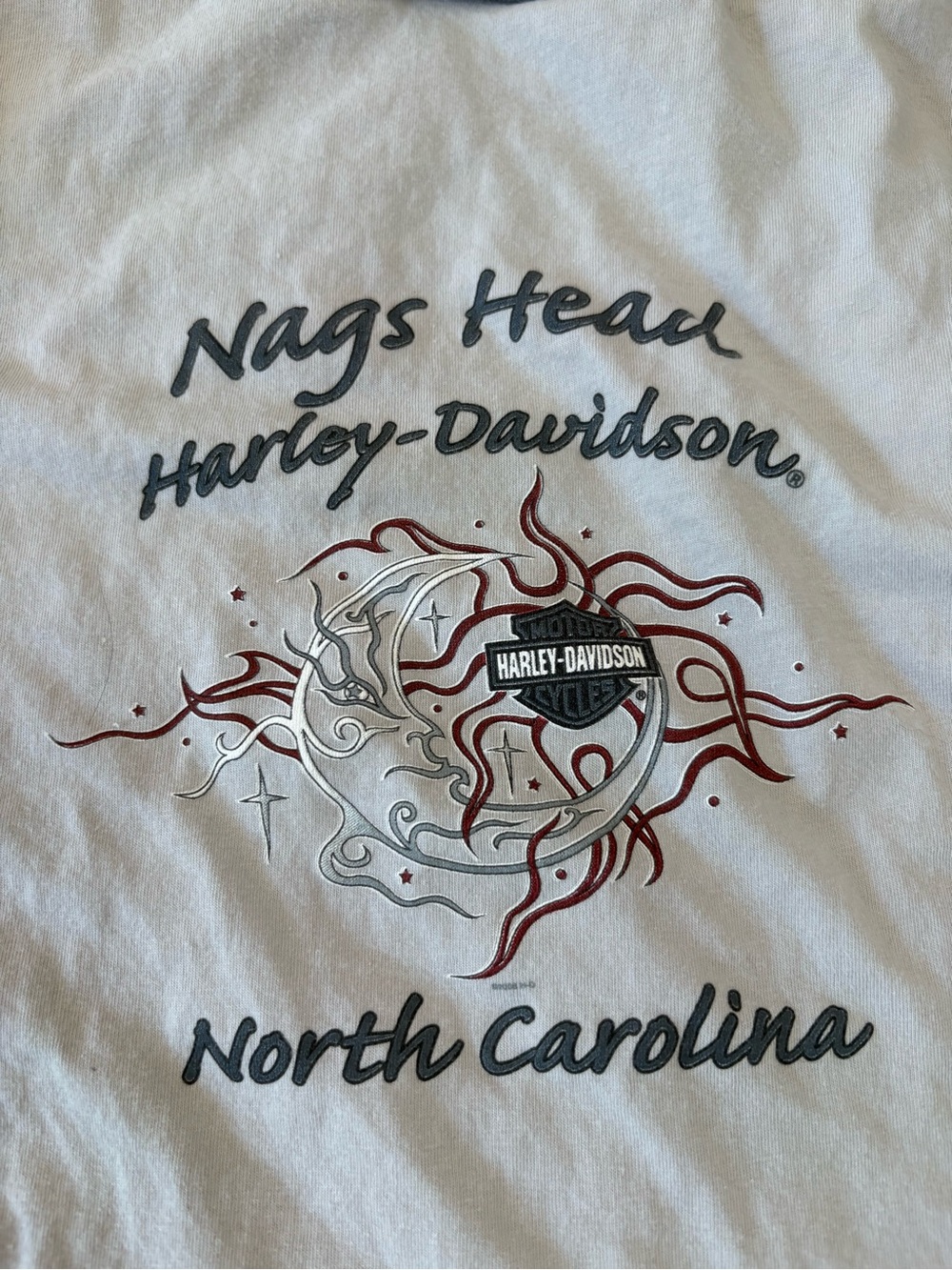 Harley-Davidson White Tee with Red & Gray Moon Flame Graphic